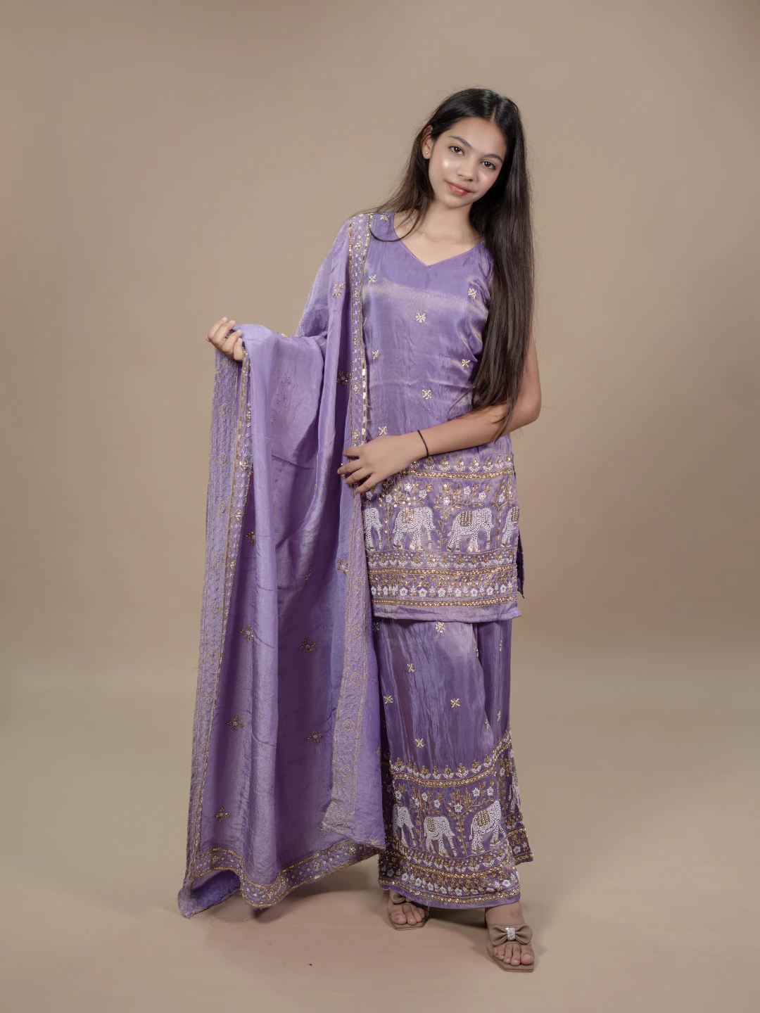 Lilac Traditional Indian Suit with Moti and Nalli work