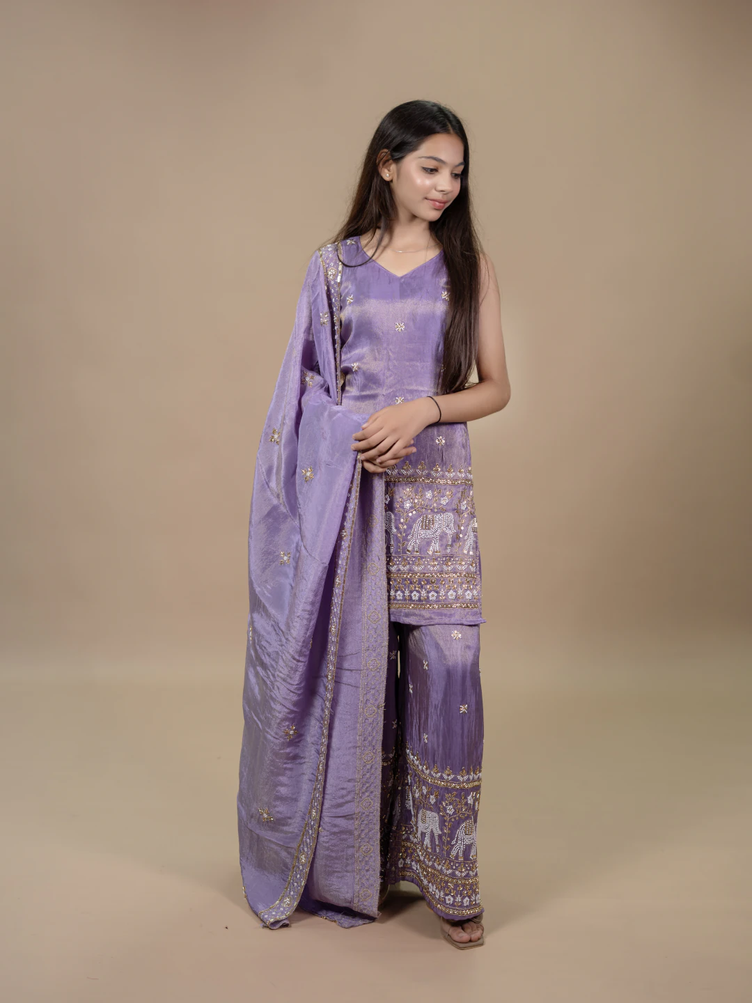 Lilac Traditional Indian Suit with Moti and Nalli work