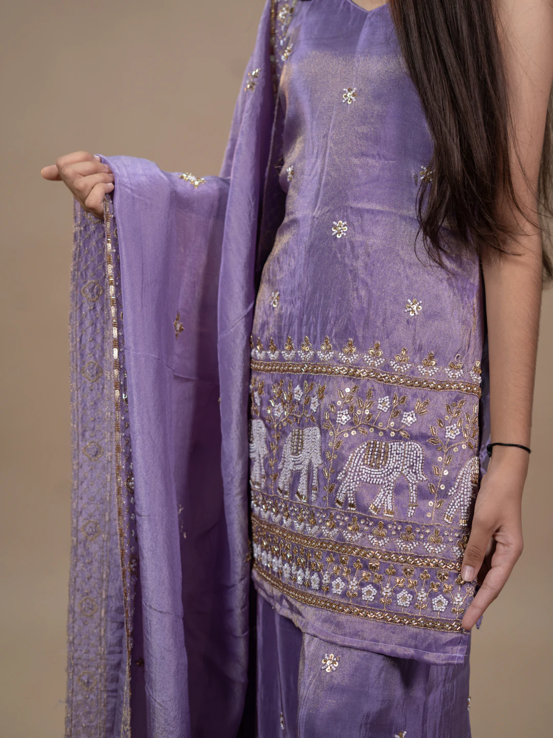 Lilac Traditional Indian Suit with Moti and Nalli work
