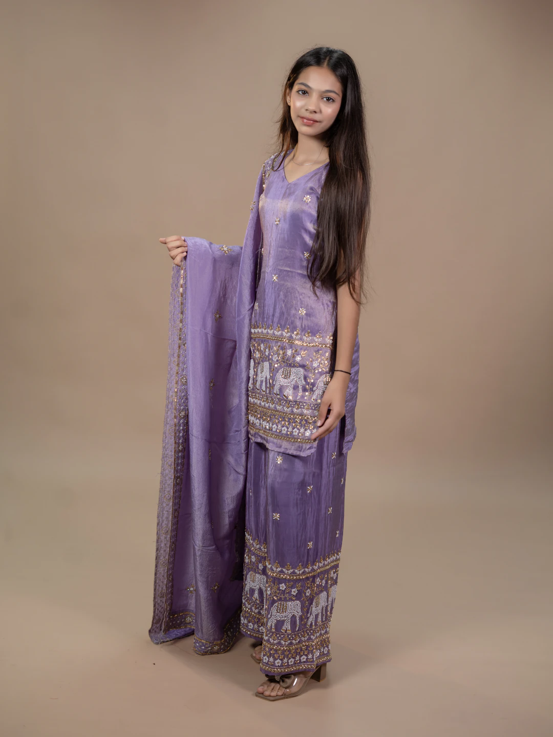 Lilac Traditional Indian Suit with Moti and Nalli work