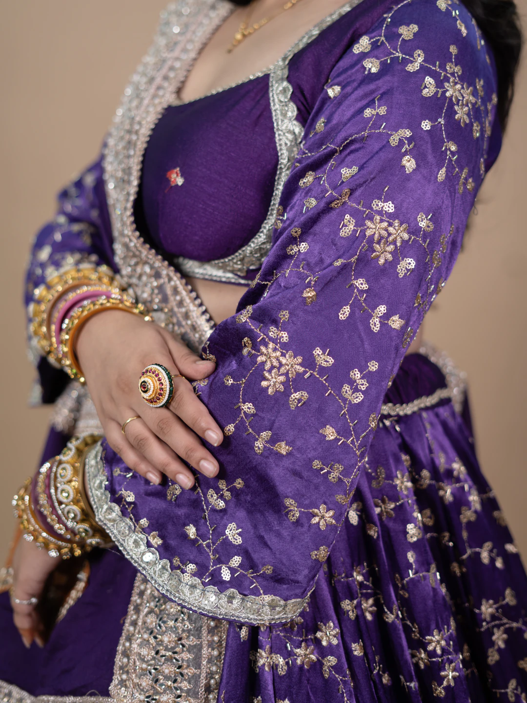 Royal Purple Dress with Multi-Colour Embroidery Accents